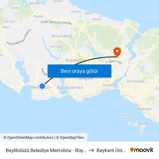 Büyükşehir Konutlar - Büyükçekmece Yönü to Beykent Üniversitesi map