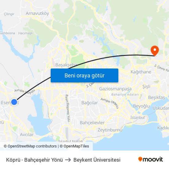 Köprü - Bahçeşehir Yönü to Beykent Üniversitesi map