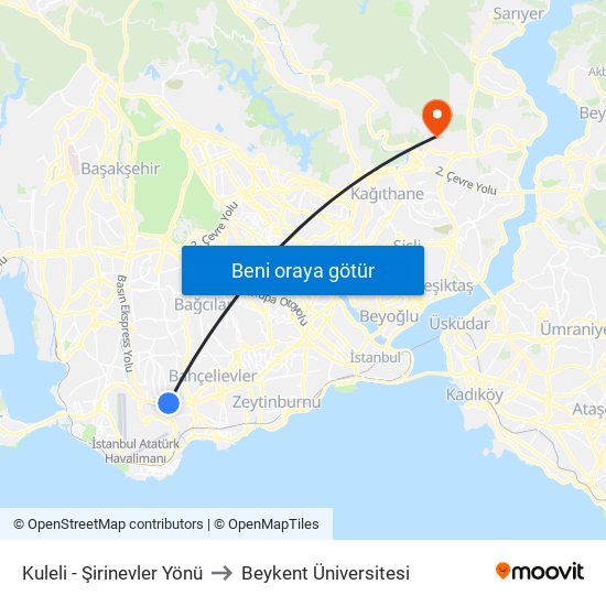 Kuleli - Şirinevler Yönü to Beykent Üniversitesi map