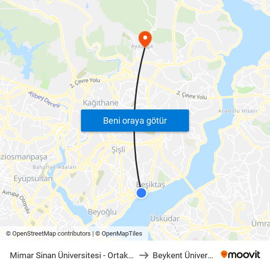 Mimar Sinan Üniversitesi - Ortaköy Yönü to Beykent Üniversitesi map