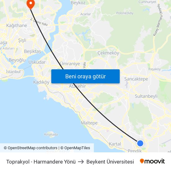 Toprakyol - Harmandere Yönü to Beykent Üniversitesi map