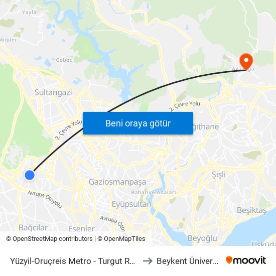 Yüzyil-Oruçreis Metro - Turgut Reis Yönü to Beykent Üniversitesi map