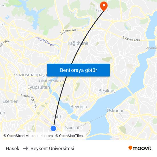 Haseki to Beykent Üniversitesi map