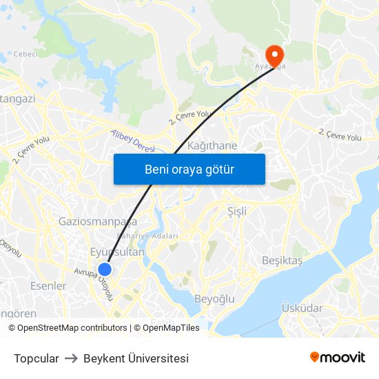 Topcular to Beykent Üniversitesi map
