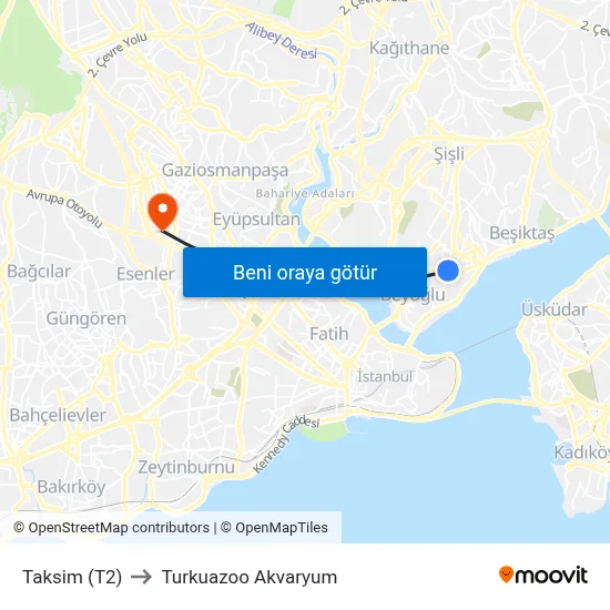 Taksim (T2) to Turkuazoo Akvaryum map