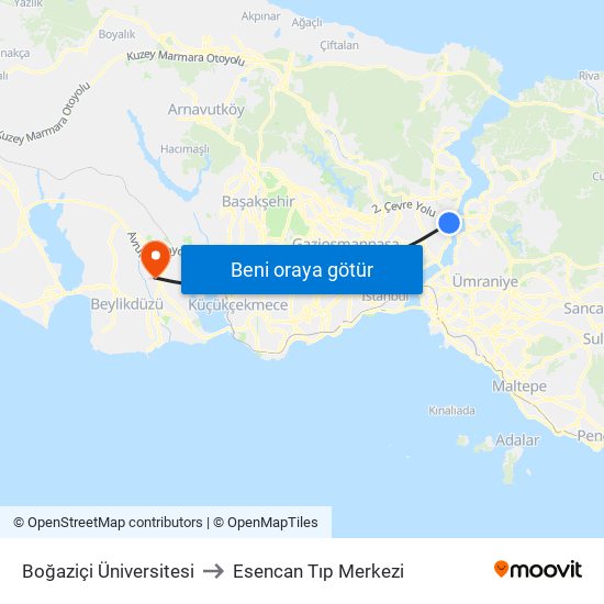 Boğaziçi Üniversitesi to Esencan Tıp Merkezi map