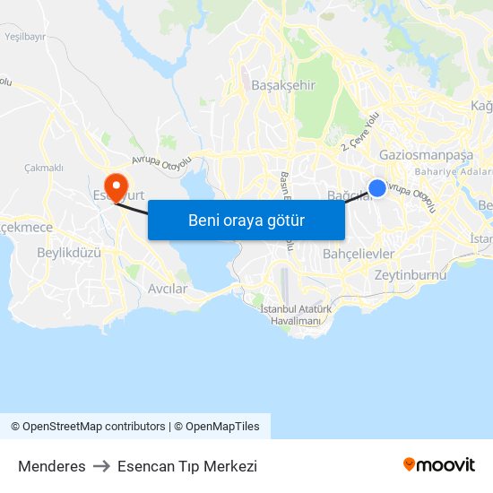 Menderes to Esencan Tıp Merkezi map