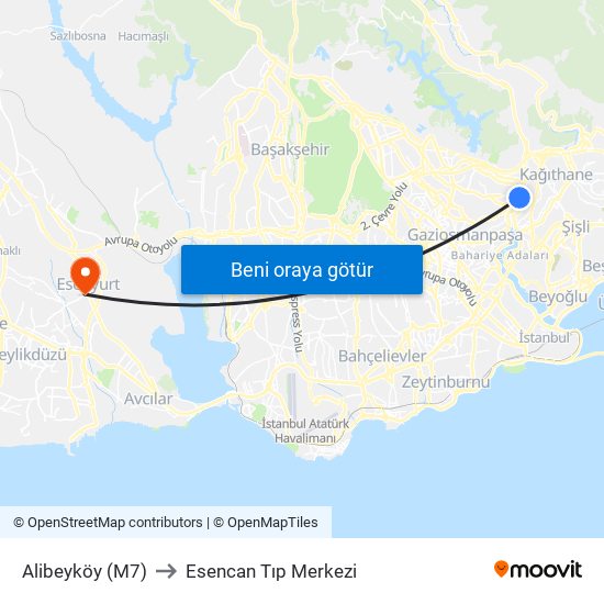 Alibeyköy (M7) to Esencan Tıp Merkezi map