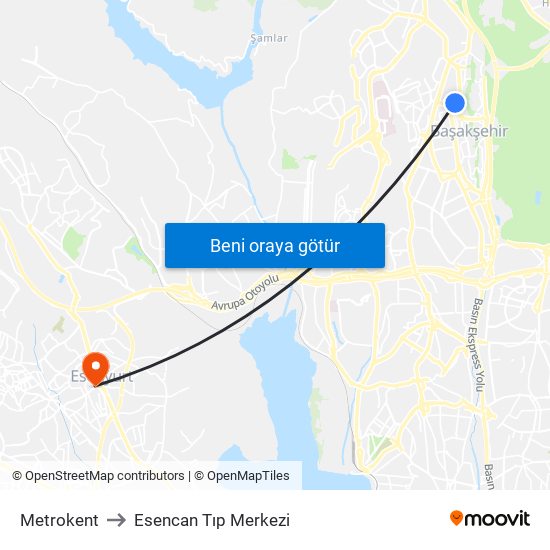 Metrokent to Esencan Tıp Merkezi map