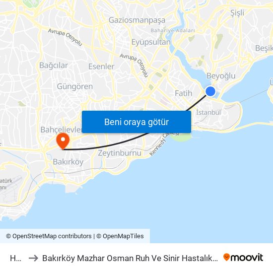 Haliç to Bakırköy Mazhar Osman Ruh Ve Sinir Hastalıkları Hastanesi map