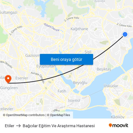 Etiler to Bağcılar Eğitim Ve Araştırma Hastanesi map