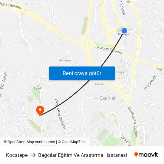 Kocatepe to Bağcılar Eğitim Ve Araştırma Hastanesi map