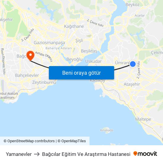 Yamanevler to Bağcılar Eğitim Ve Araştırma Hastanesi map