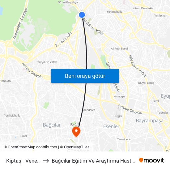 Kiptaş - Venezia to Bağcılar Eğitim Ve Araştırma Hastanesi map