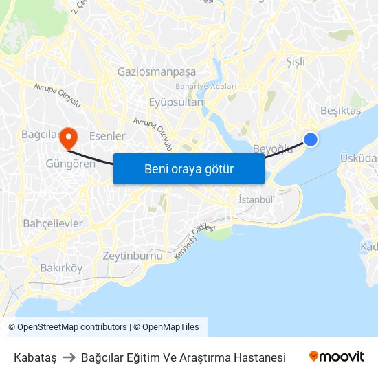 Kabataş to Bağcılar Eğitim Ve Araştırma Hastanesi map