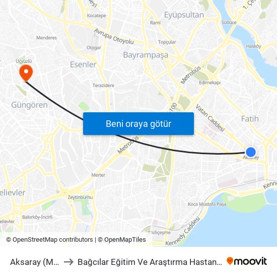 Aksaray (M1) to Bağcılar Eğitim Ve Araştırma Hastanesi map