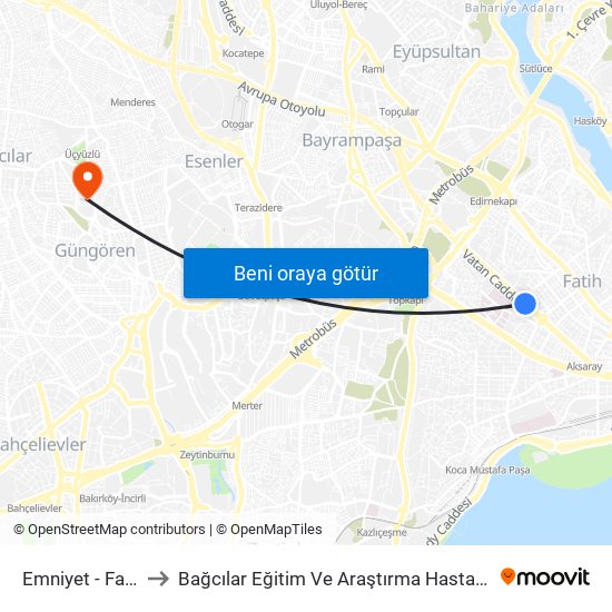 Emniyet - Fatih to Bağcılar Eğitim Ve Araştırma Hastanesi map