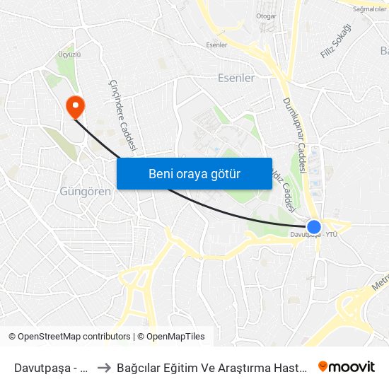 Davutpaşa - Ytü to Bağcılar Eğitim Ve Araştırma Hastanesi map