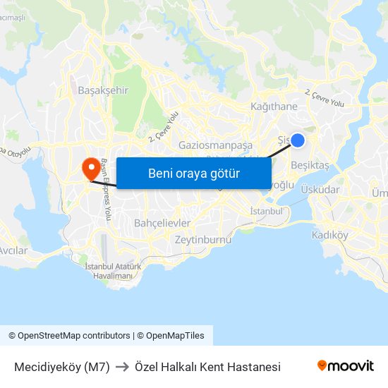 Mecidiyeköy (M7) to Özel Halkalı Kent Hastanesi map