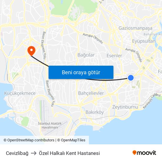 Cevizlibağ to Özel Halkalı Kent Hastanesi map