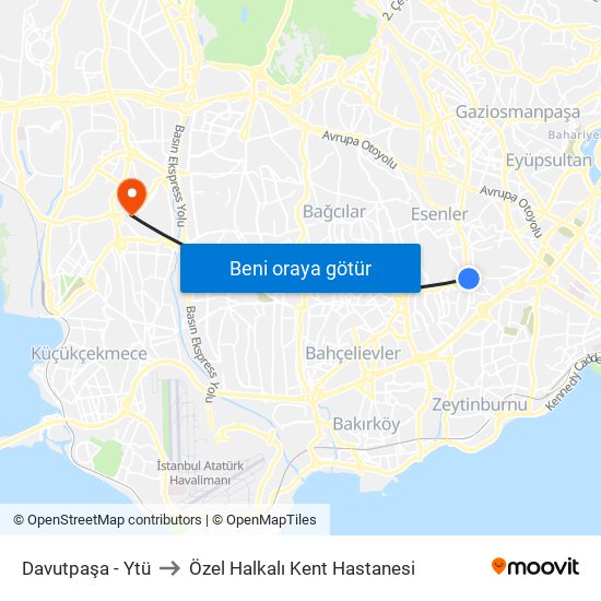 Davutpaşa - Ytü to Özel Halkalı Kent Hastanesi map