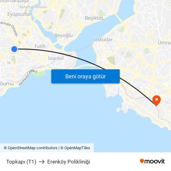 Topkapı (T1) to Erenköy Polikliniği map