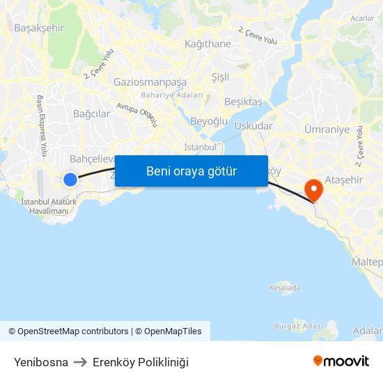 Yenibosna to Erenköy Polikliniği map