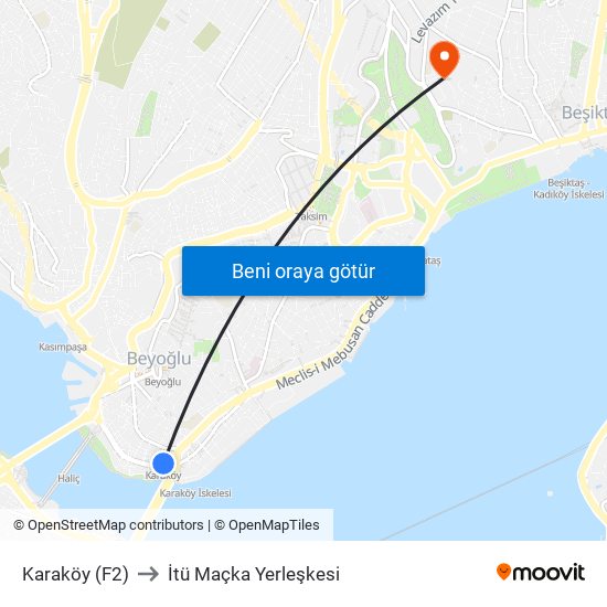 Karaköy (F2) to İtü Maçka Yerleşkesi map