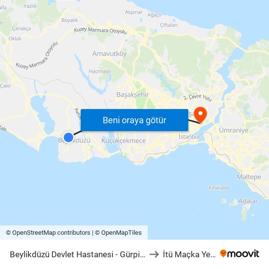 Beylikdüzü Devlet Hastanesi - Gürpinar-Beykent Yönü to İtü Maçka Yerleşkesi map