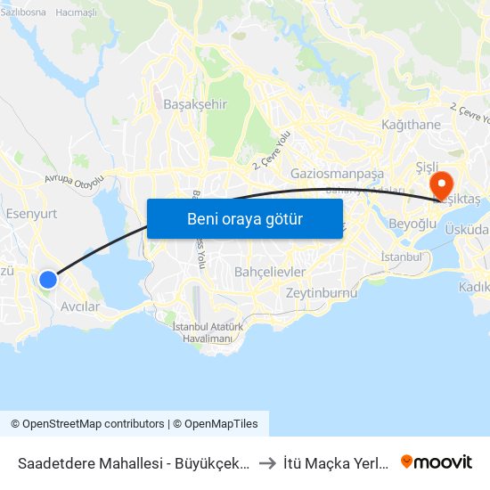 Saadetdere Mahallesi - Büyükçekmece Yönü to İtü Maçka Yerleşkesi map