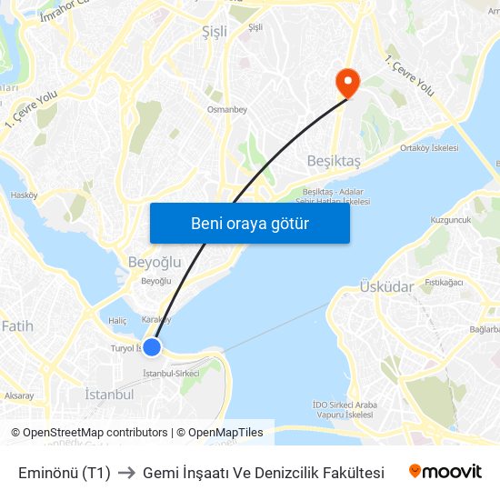 Eminönü (T1) to Gemi İnşaatı Ve Denizcilik Fakültesi map