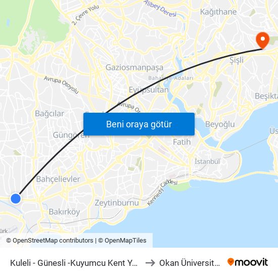 Kuleli - Günesli -Kuyumcu Kent Yönü to Okan Üniversitesi map