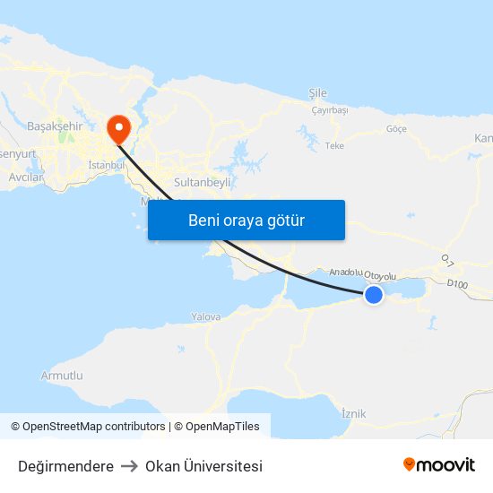 Değirmendere to Okan Üniversitesi map