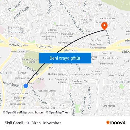 Şişli Camii to Okan Üniversitesi map