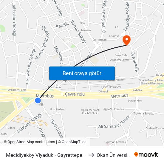 Mecidiyeköy Viyadük - Gayrettepe Yönü to Okan Üniversitesi map