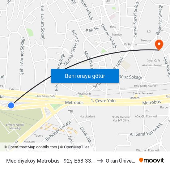 Mecidiyeköy Metrobüs - 92ş-E58-33m-33tm Yönü to Okan Üniversitesi map