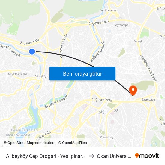 Alibeyköy Cep Otogari - Yesilpinar Yönü to Okan Üniversitesi map