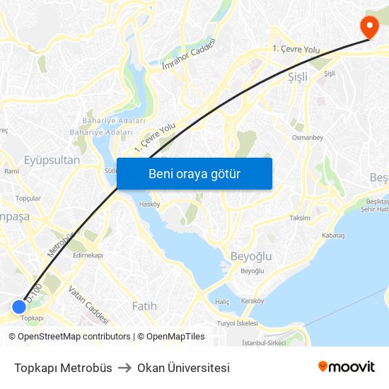 Topkapı Metrobüs to Okan Üniversitesi map