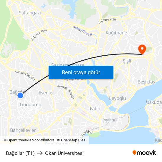 Bağcılar (T1) to Okan Üniversitesi map