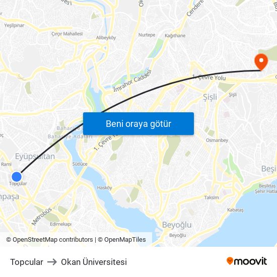 Topcular to Okan Üniversitesi map