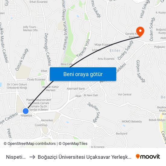 Nispetiye to Boğaziçi Üniversitesi Uçaksavar Yerleşkesi map