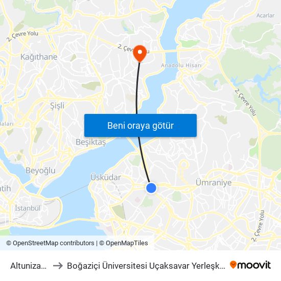 Altunizade to Boğaziçi Üniversitesi Uçaksavar Yerleşkesi map