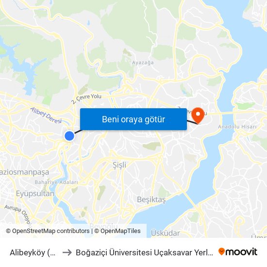 Alibeyköy (M7) to Boğaziçi Üniversitesi Uçaksavar Yerleşkesi map