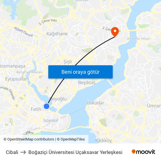 Cibali to Boğaziçi Üniversitesi Uçaksavar Yerleşkesi map