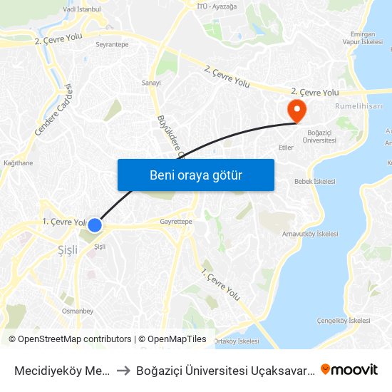 Mecidiyeköy Metrobus to Boğaziçi Üniversitesi Uçaksavar Yerleşkesi map