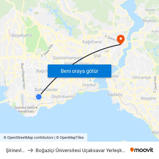 Şirinevler to Boğaziçi Üniversitesi Uçaksavar Yerleşkesi map