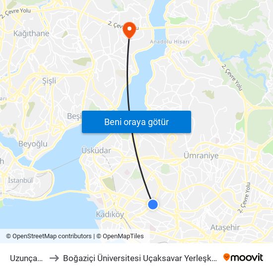 Uzunçayır to Boğaziçi Üniversitesi Uçaksavar Yerleşkesi map