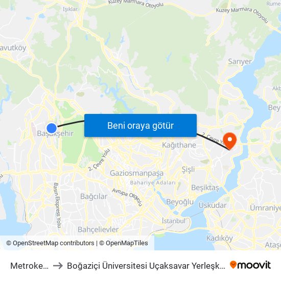 Metrokent to Boğaziçi Üniversitesi Uçaksavar Yerleşkesi map