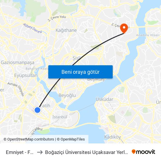 Emniyet - Fatih to Boğaziçi Üniversitesi Uçaksavar Yerleşkesi map