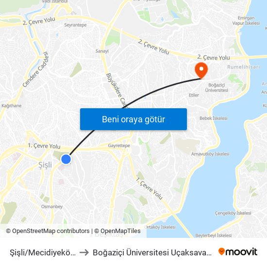 Şişli/Mecidiyeköy (M2) to Boğaziçi Üniversitesi Uçaksavar Yerleşkesi map